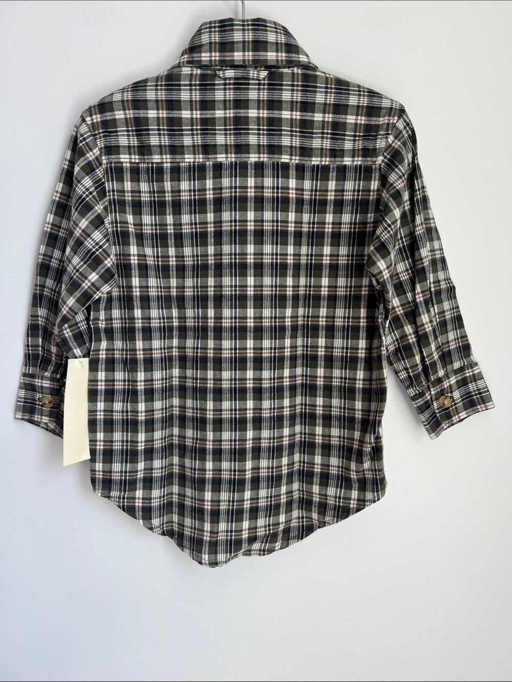 OshKosh B'gosh | 100% Cotton Olive Cream Navy Plaid Button-Down Shirt NWT Sz 3T - Picture 7 of 16